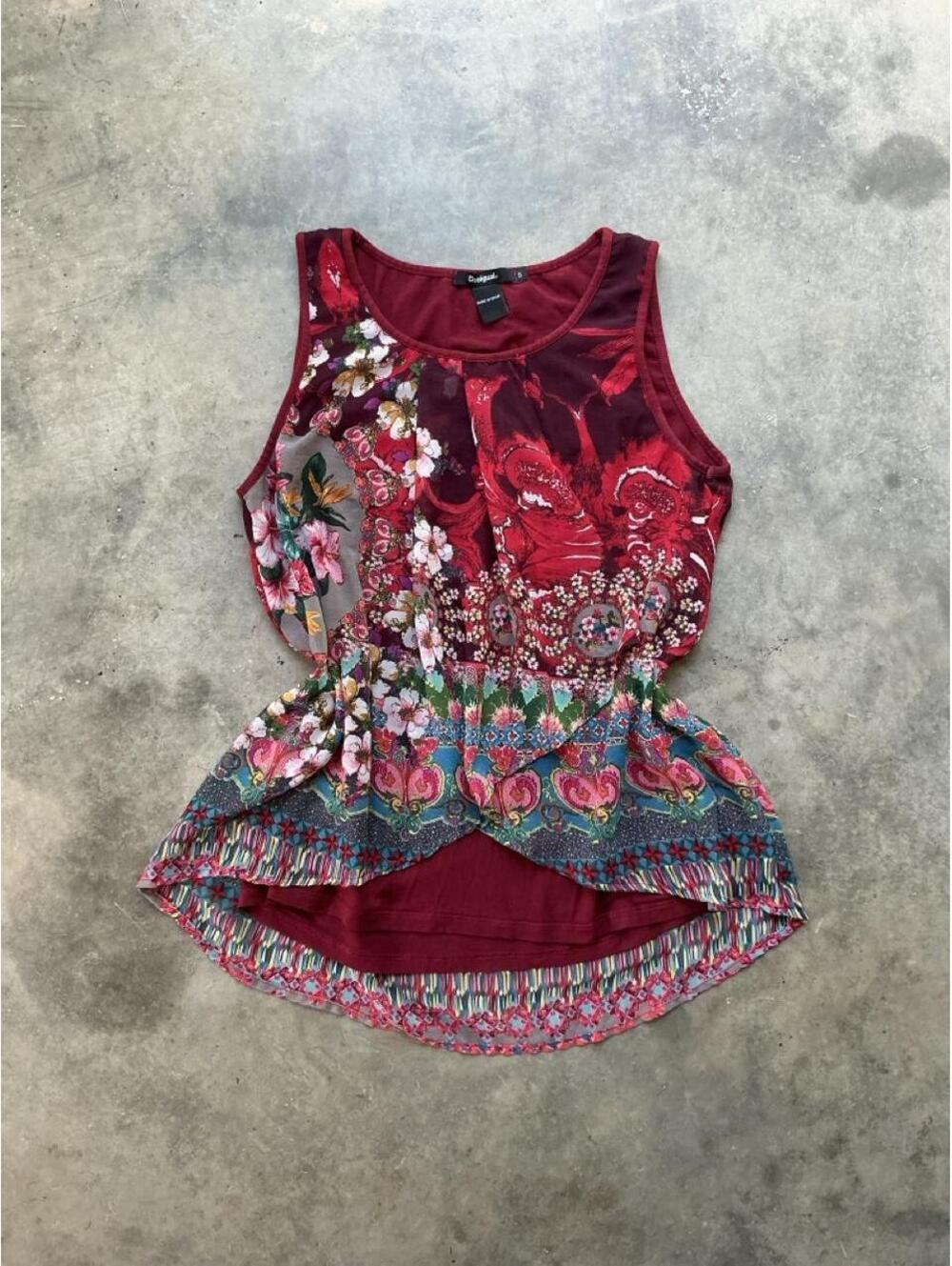 Desigual Patchwork Boho Tank Top | Y2K Floral Handkerchief Hem Blouse
